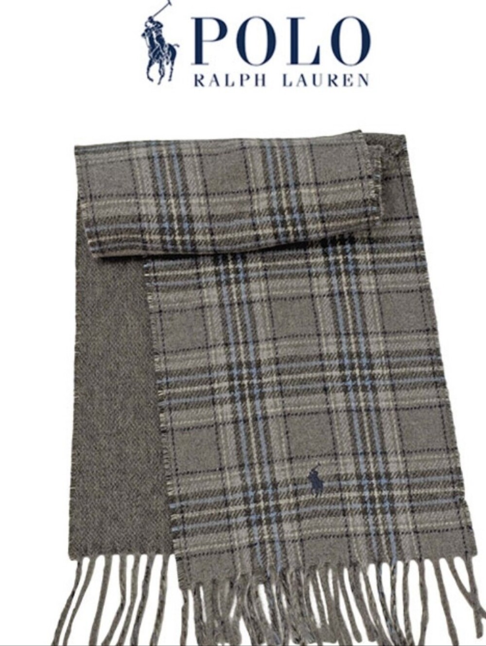 Polo by Ralph Lauren Gray Plaid Scarf with Blue Stripes
